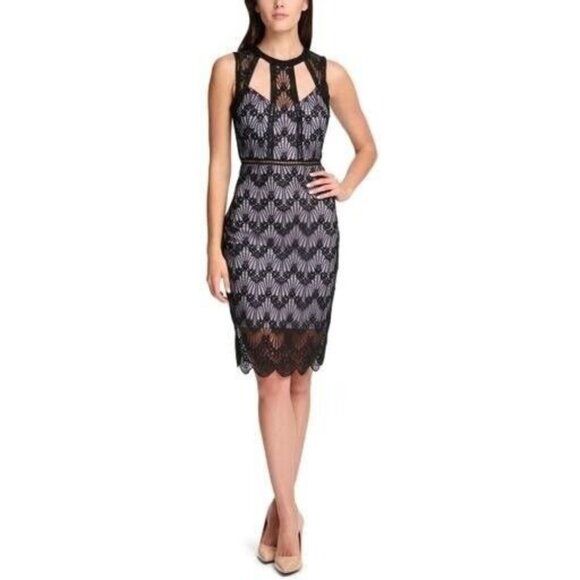 Guess Black Lace Cut Out Sleeveless Halter Sheath Dress Size 6 Lavender Underlay - Picture 1 of 8